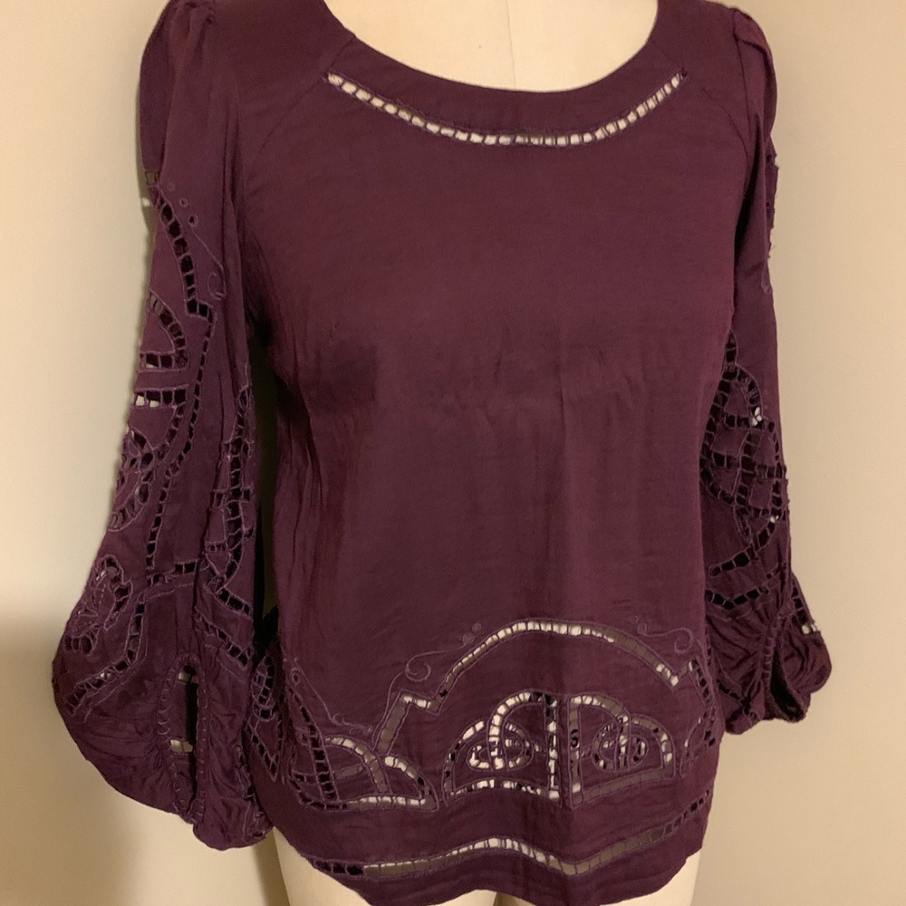 Plum eyelet Anthropologie shirt with bell sleeves